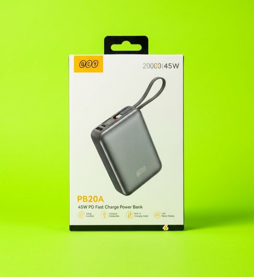 خرید پاوربانک 20000 میلی آمپر 45 وات کیو سی وای QCY مدل PB20A دارای کابل متصل و نمایشگر LED (گارانتی 18 ماهه پارسیک تل)