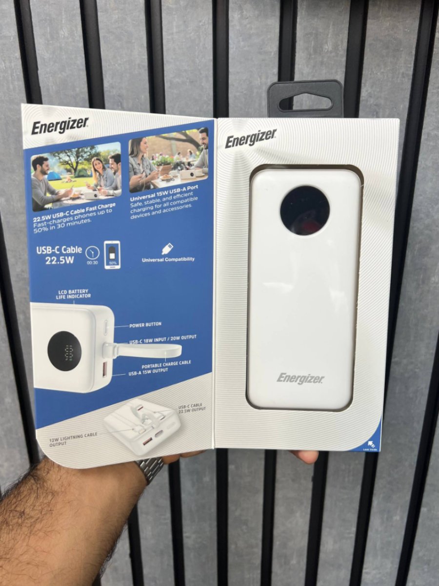 خرید پاوربانک انرجایزر Energizer مدل شارژ سریع 22.5W دارای کابل داخلی و نمایشگر LCD - سفید (گارانتی 18 ماهه متین) - Energizer